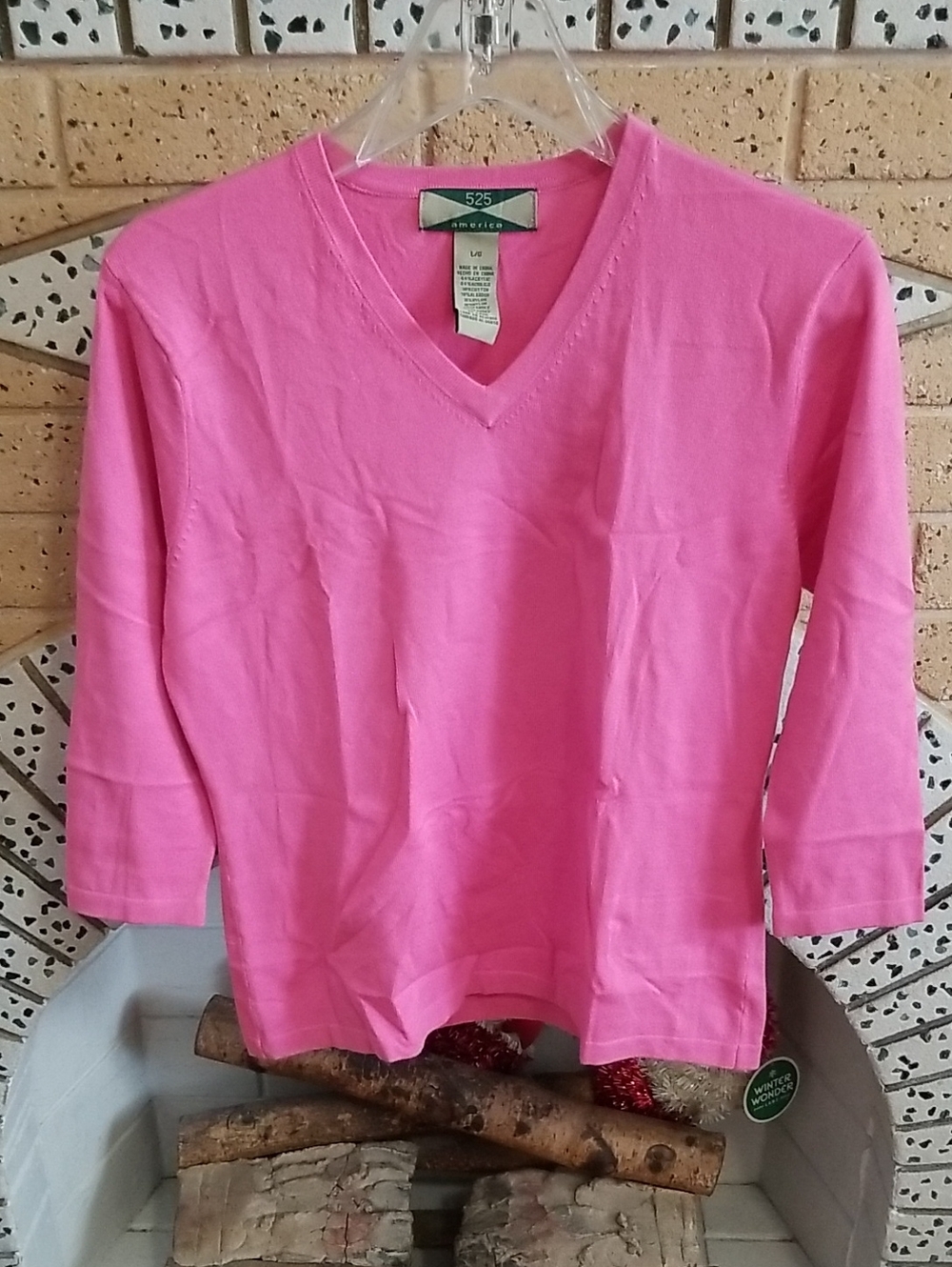 525 America Bright Pink V-Neck 3/4 Sleeve Top